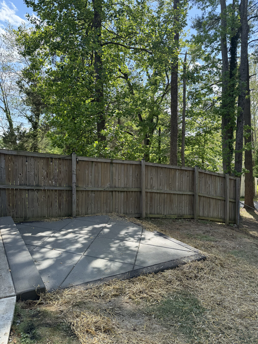Broom finish concrete patio in a fenced, wooded backyard